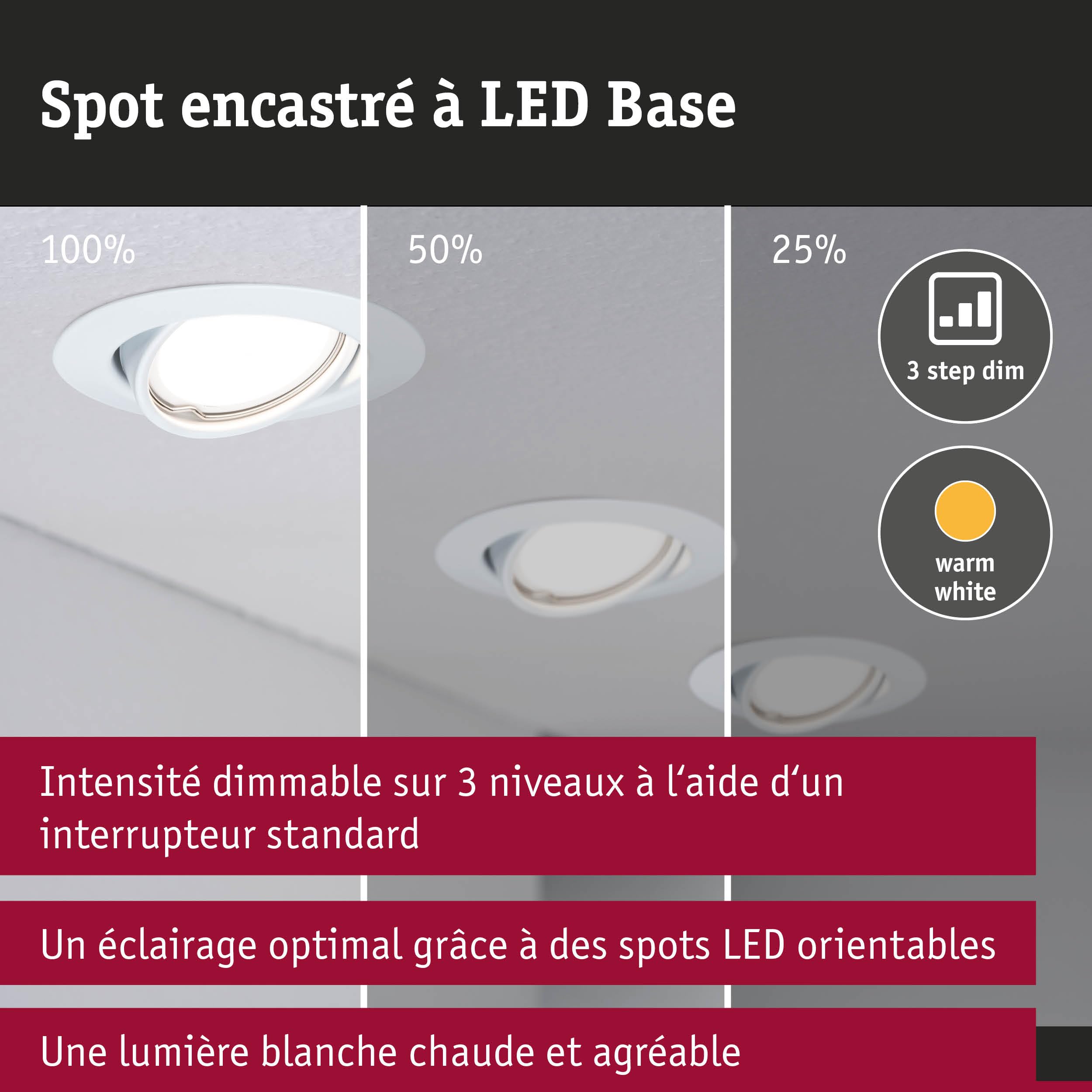Paulmann 93427 Spot encastré LED Base rond incl. 3x5W gradable projecteurs encastrés Blanc spot métal lampe encastrée 3000 K