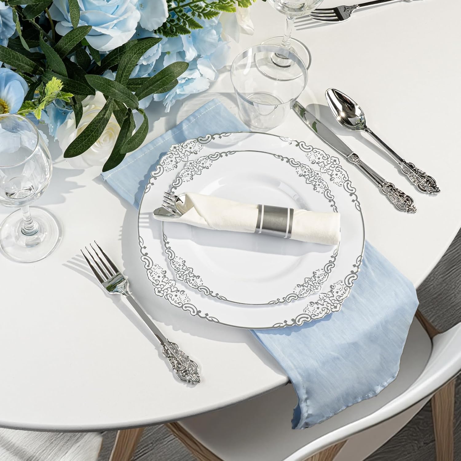 175PCS White and Silver Plastic Plates for 25 Guests, Disposable Dinnerware Sets Include 50 Plastic Plates, 25 Silverwares, 25 Cups, and 25 Pre Rolled Napkins for Party, Graduation - Image 5