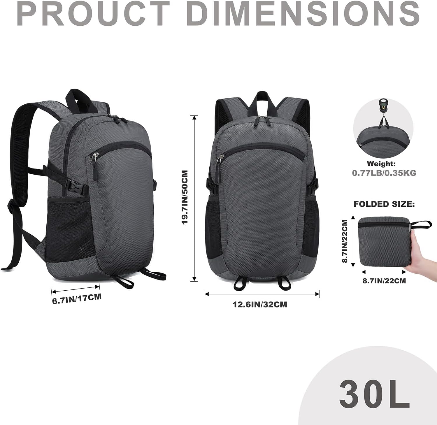 Lightweight Hiking Backpack 30L Packable Foldable Daypack Collapsible Travel Bag Water-Resistant for Women Men (Gray)