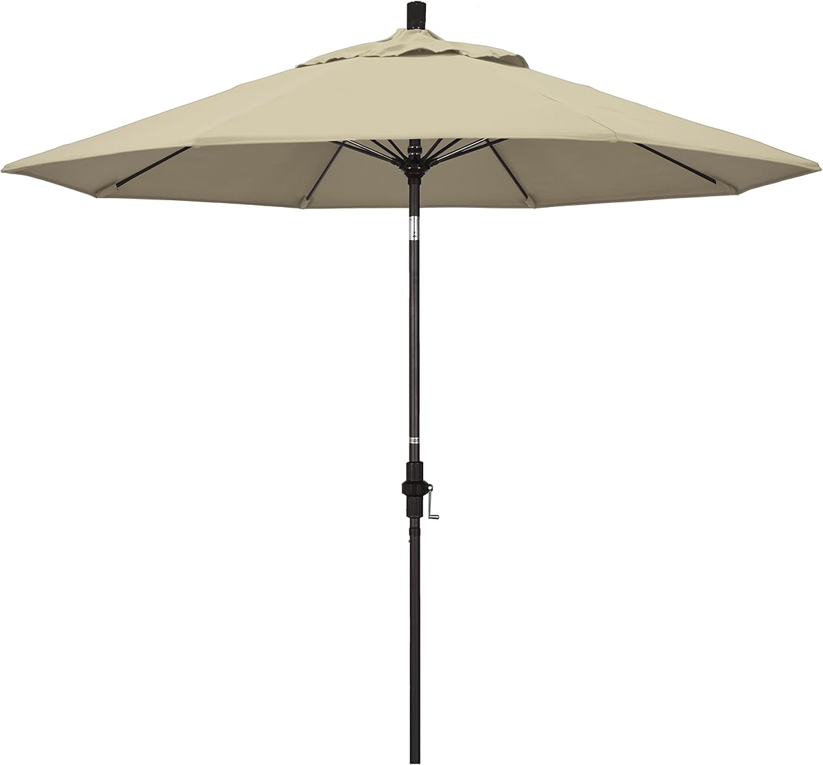 California Umbrella 9' Round Crank Lift, Collar Tilt, Aluminum Pole, Fiberglass Rib Patio Umbrella, Bronze Finish, Sunbrella Antique Beige