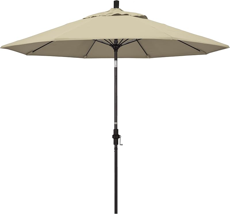 California Umbrella 9' Round Crank Lift, Collar Tilt, Aluminum Pole, Fiberglass Rib Patio Umbrella, Bronze Finish, Sunbrella Antique Beige