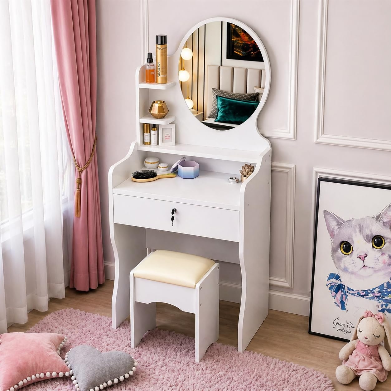 GrecoShop Scrivania Bambini Toeletta Vanity Table Tavolo Trucco Specchio Ovale e Sgabello, Mobile Make‑Up+Cassetto e Ripiani, Postazione Trucco per Ragazze e Bambine, Arredo Bianco per Camera da Letto