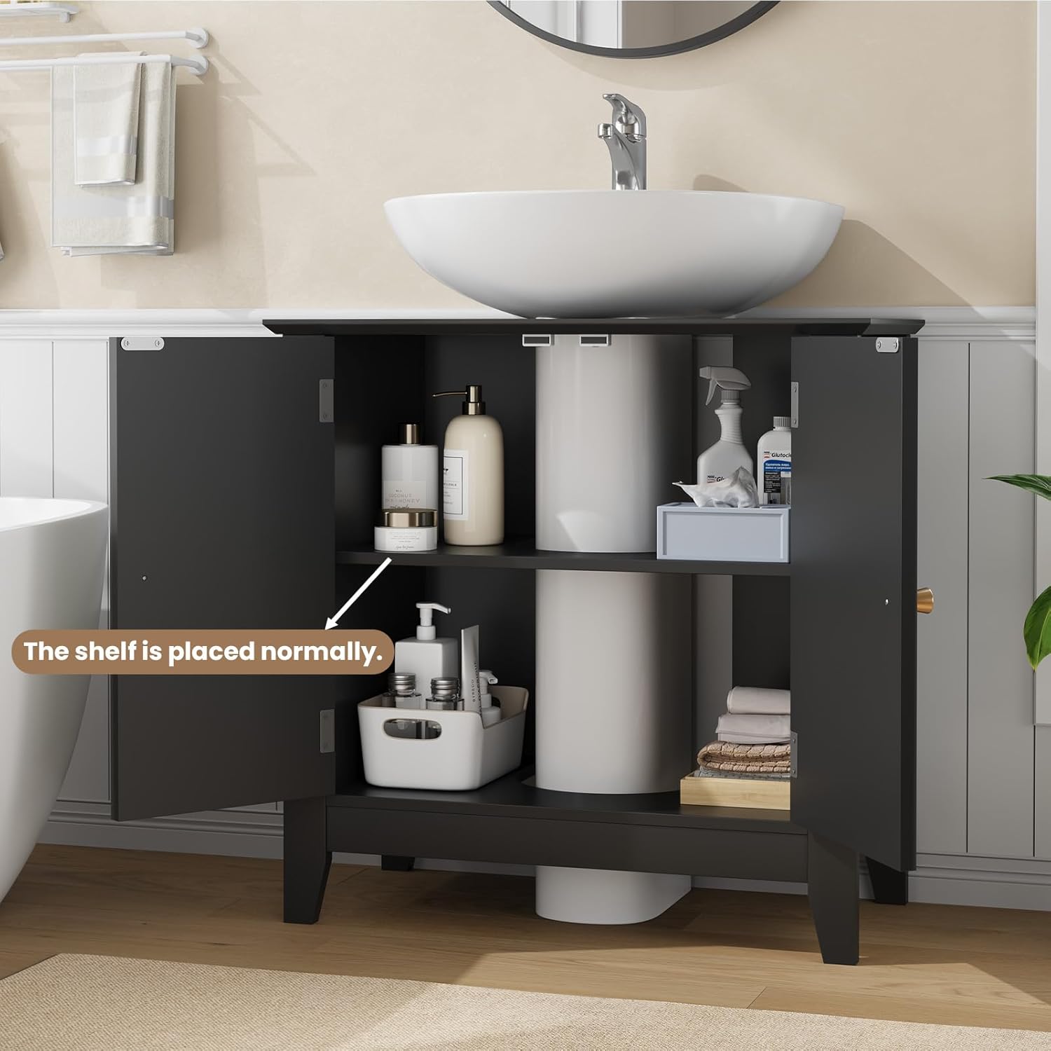 REDAYFUR Under Sink Bathroom Cabinet with U-Shape Cut-Out, 2 Doors Bathroom Vanity, Storage Organizer for Pedestal Sink, Black