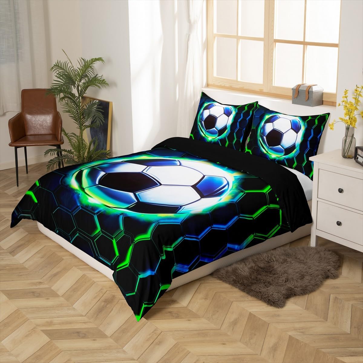 Manfei Football Duvet Cover Set Full Size,Soccer Game Ball Sports Kids Bedding Set,Geometric Honeycomb Hexagon Room Decor,Black Green Quilt Cover,2 Pillowcases(No Comforter)