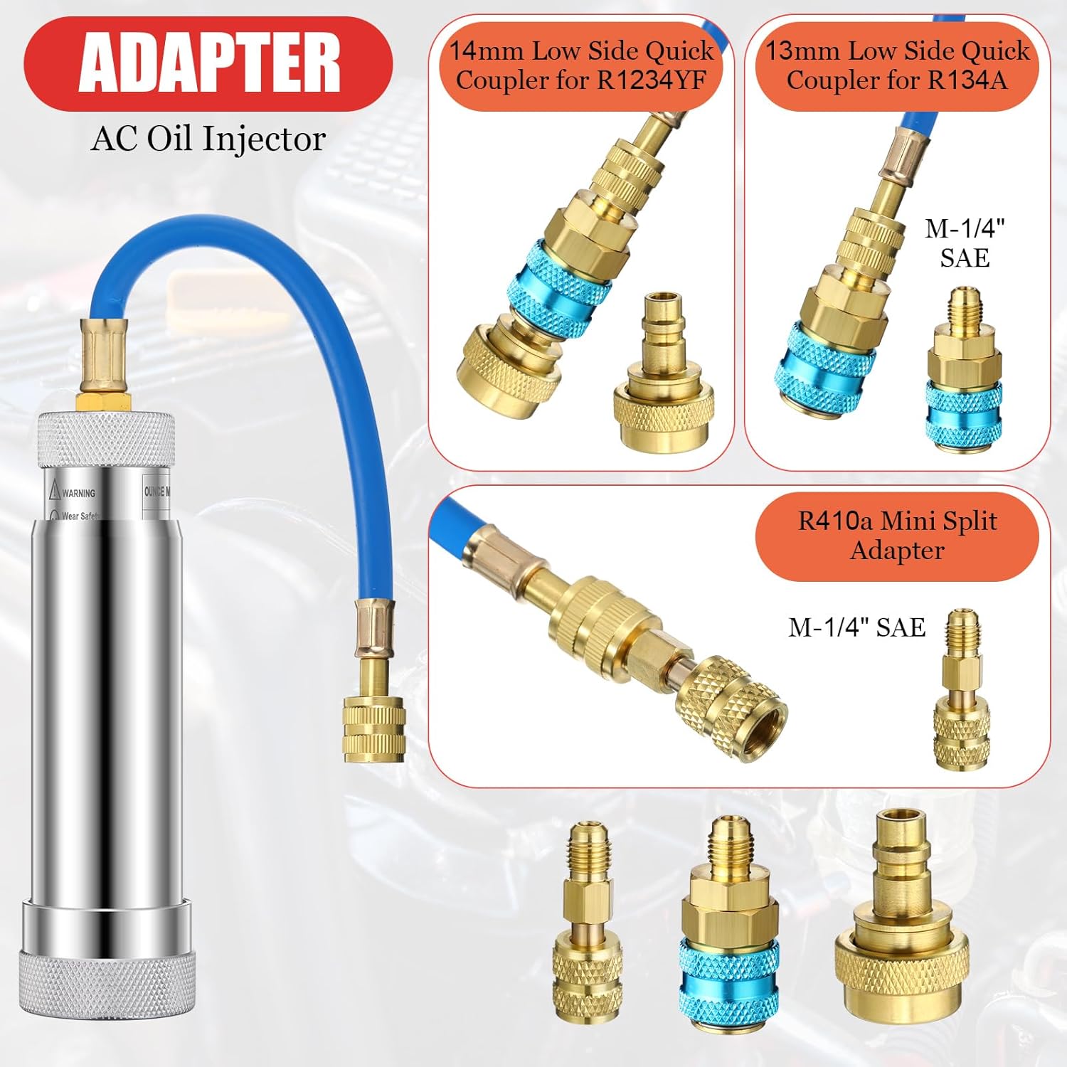 AC Leak Detector Kit, AC Oil Dye Injector Kit for R1234YF R134A R410A, Refrigerant Leak Detector Tool Set Low Side Quick Coupler Split Adapter Flashlight with Protective Glasses
