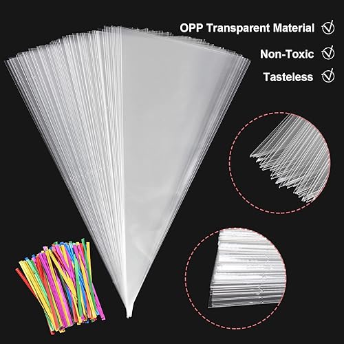 Miniatura 3 de LOMIMOS Bolsa de celofán triangular transparente de 5 x 10 pulgadas, bolsa de golosinas en forma de cono con lazos giratorios para panadería hecha a