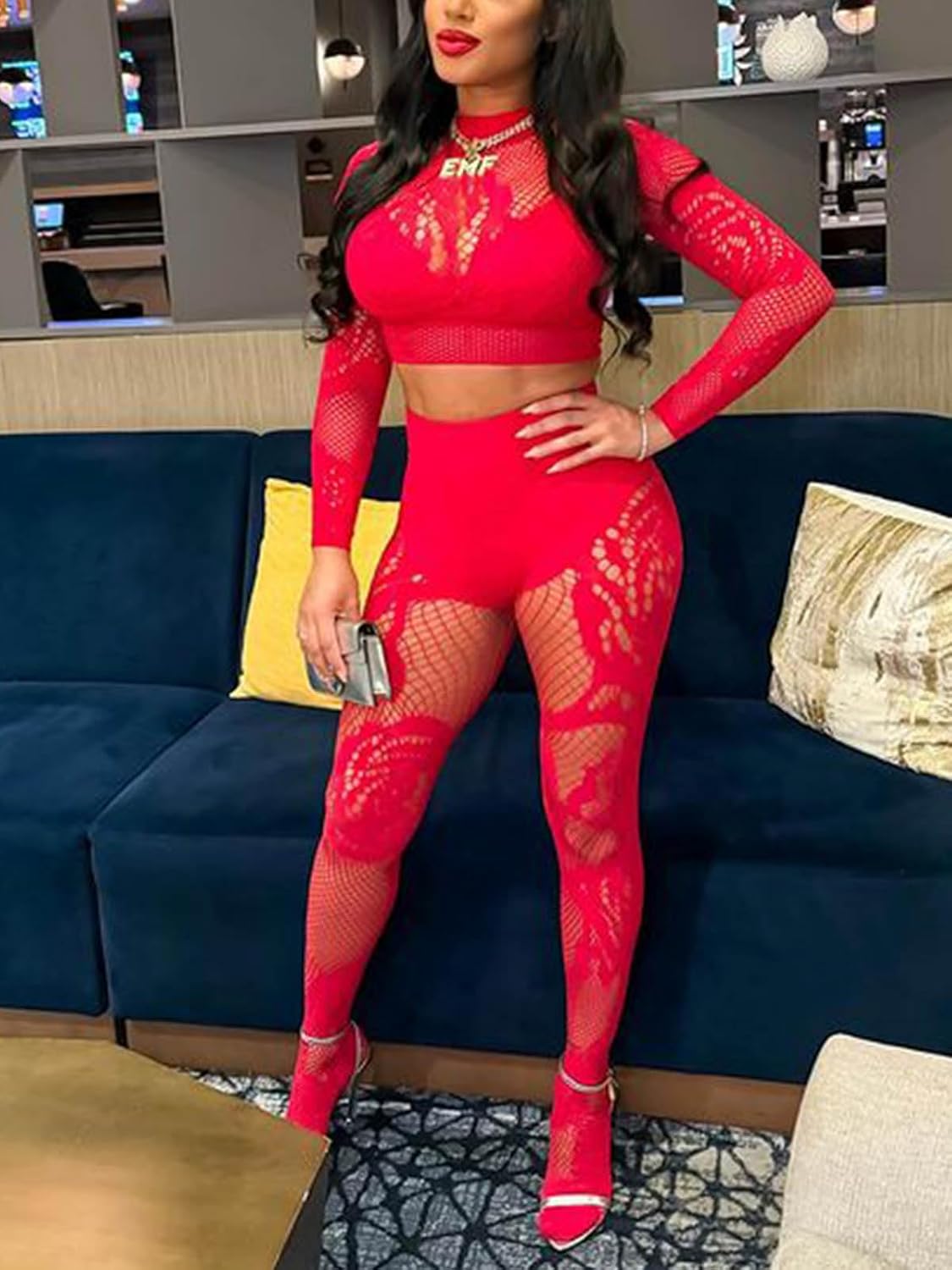 Women's Sexy Fishnet Seamless 2 Piece Outfits Mock Neck Long Sleeve Crop Top Legging Set Club Lingerie Sets - Image 4