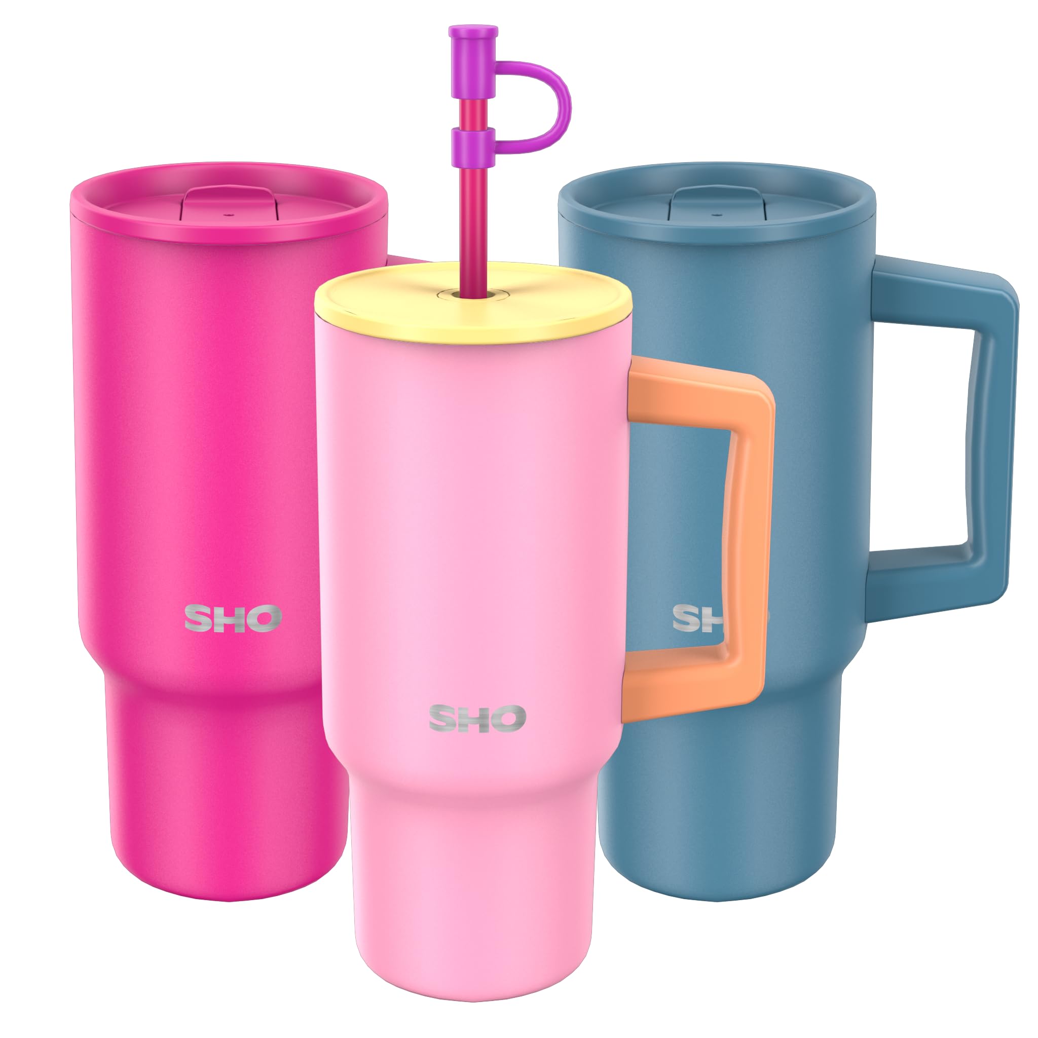 SHO XL Tumbler, Insulated Stainless Steel Reusable Water Bottle Iced Coffee Travel Mug with Handle, Straw Lid & Slider Lid