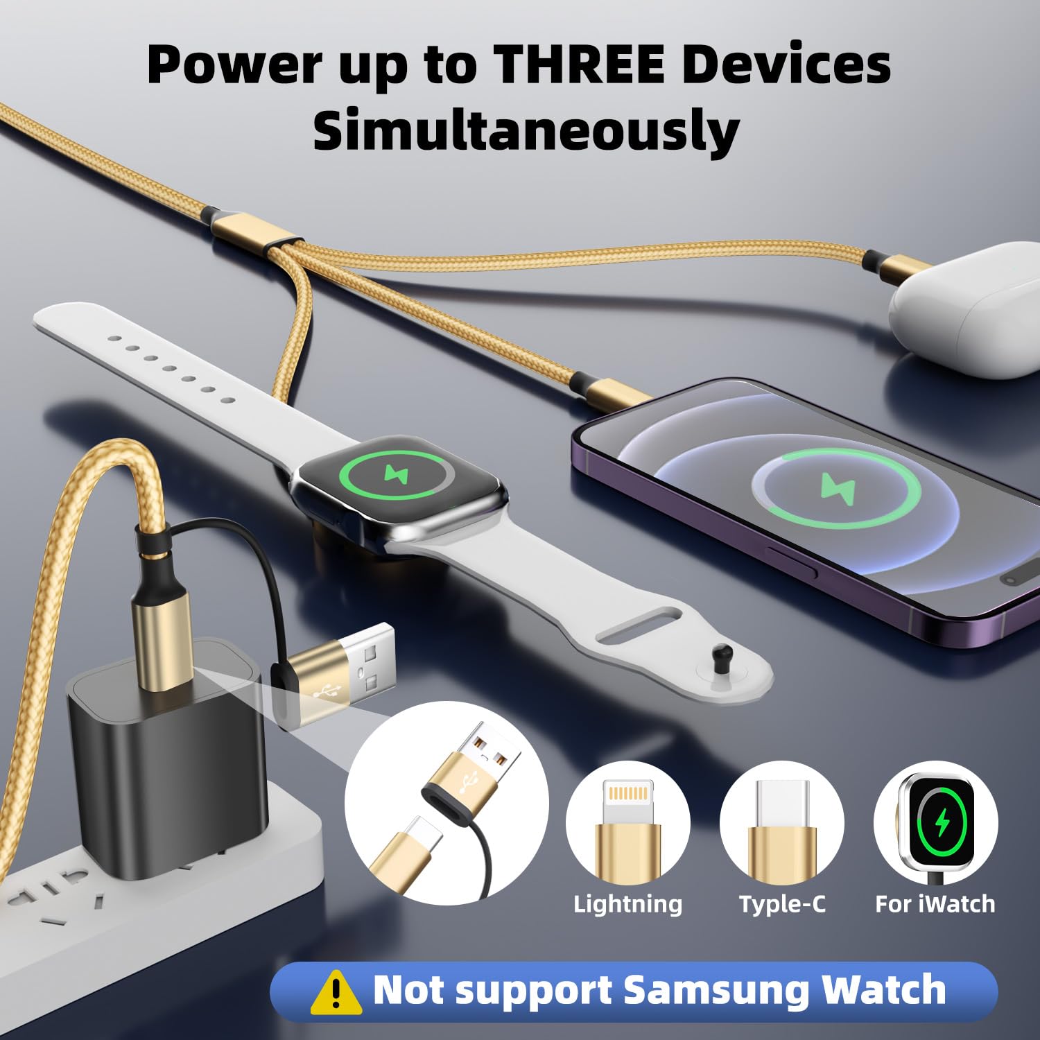 Cavo USB intrecciato 3 in 2 con connettori Apple Watch/tipo C/Lightning, oro, compatibile con più dispositivi, cavo di nylon