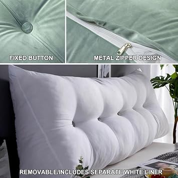 Large Triangular Headboard Pillow Wedge Reading Bed Rest Pillow Solid Color Backrest for Daybed Bunk Bed Positioning Support Cushion with Removable Cover,Green,Full/47 Inches