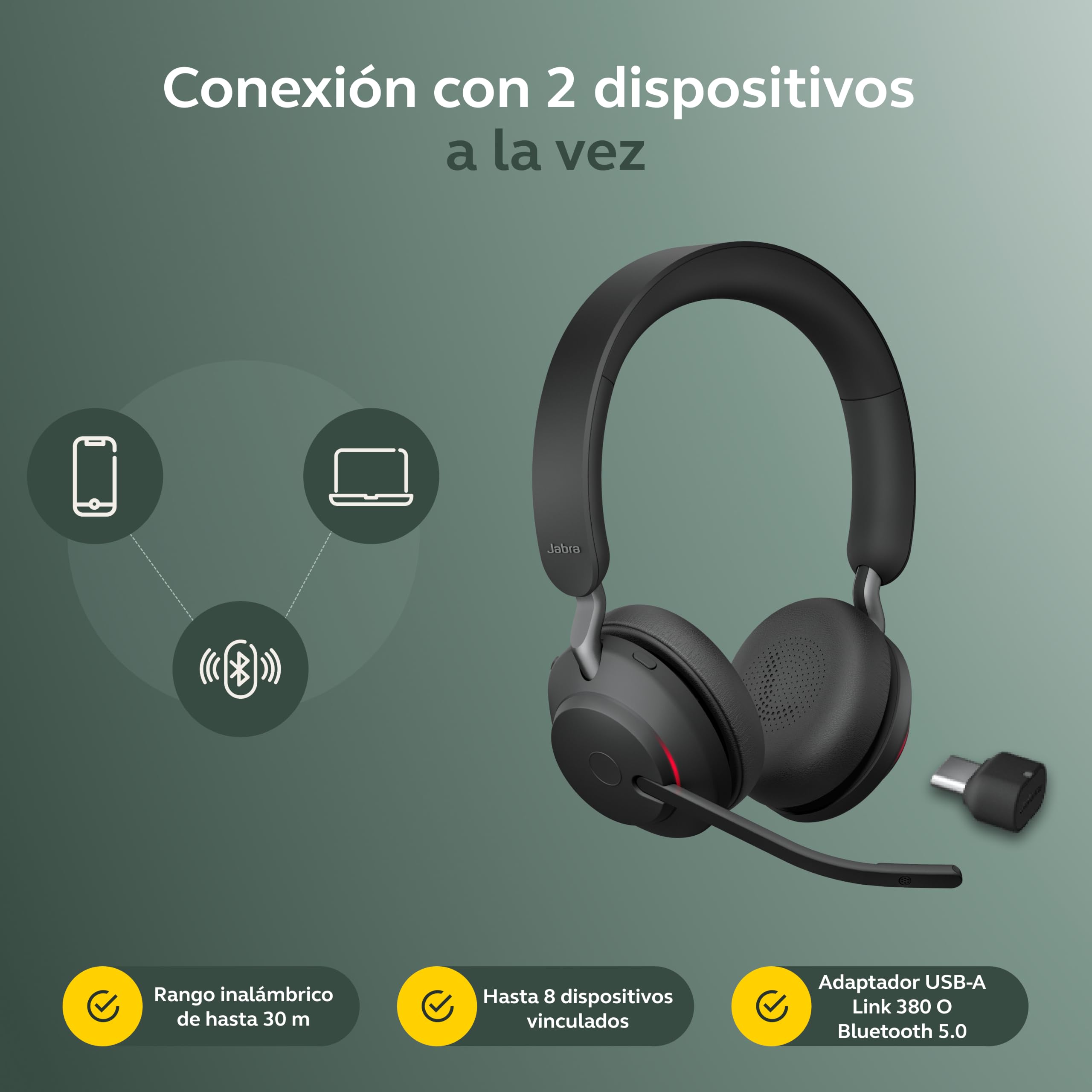 Jabra Evolve2 65 Auriculares Inalámbricos Estéreo PC con Cancelación de Ruido - Certificados para plataformas UC - Batería de Larga Duración - Adaptador Bluetooth USB-C - Negro