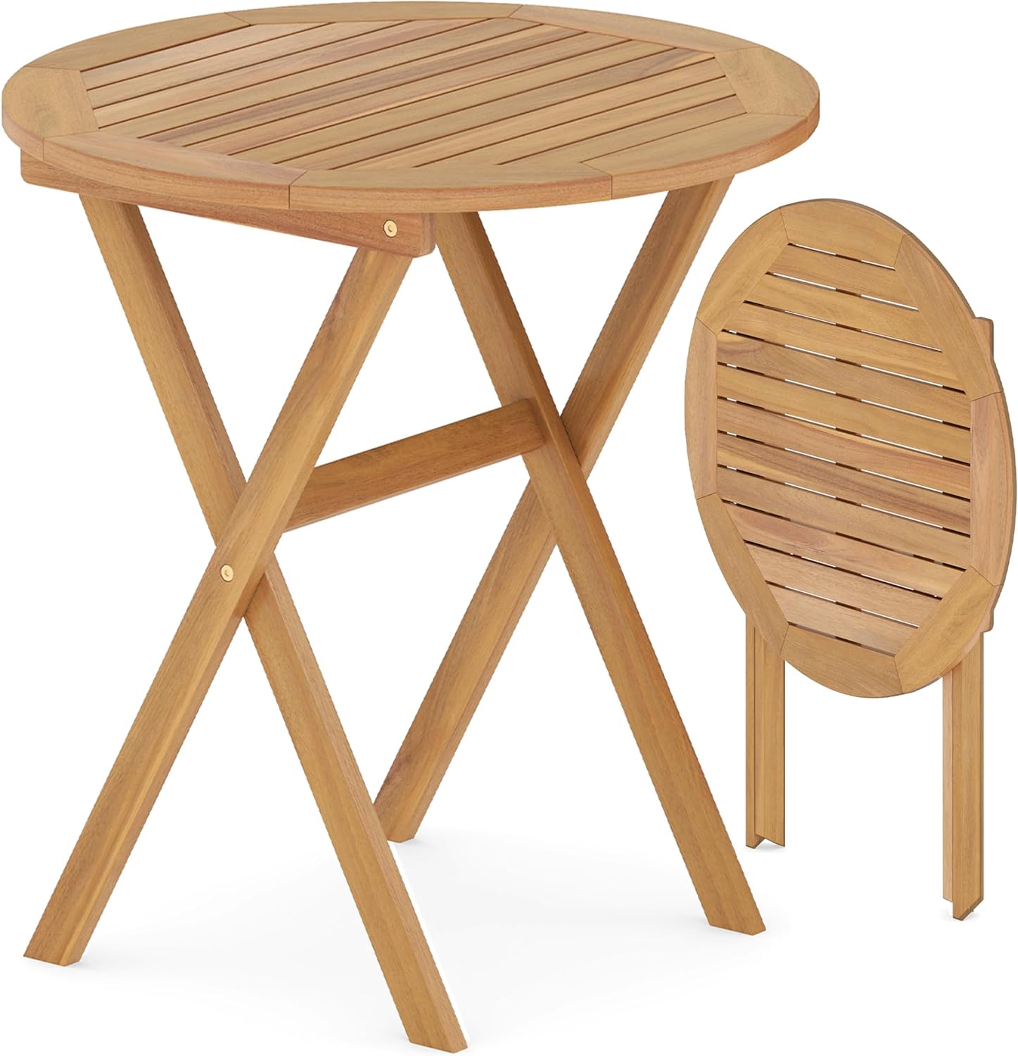 Tangkula 26-Inch Acacia Wood Outdoor Dining Table, Folding Round Patio Bistro Table with Slatted Tabletop & X-Shaped Frame, Outside Dining Table for Porch, Garden, Backyard, Poolside