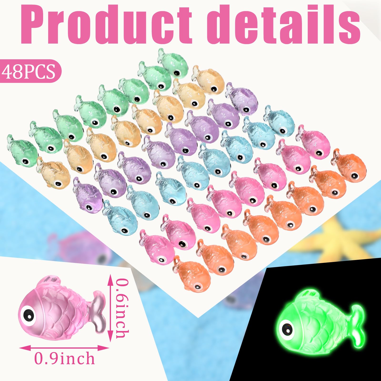 Barydat 48 Pcs Luminous Mini Resin Fish Summer Mini Resin Animals Miniatures Fish Figures Tiny Animals Figures Glow in The Dark Micro Landscape Dollhouse Garden DIY Decoration