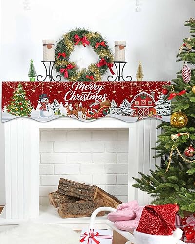 Miniatura 4 de Bufanda de repisa de Navidad de 90 x 17 pulgadas, decoración de chimenea roja de Navidad, cubierta de mantel de invierno, Navidad, muñeco de nieve,