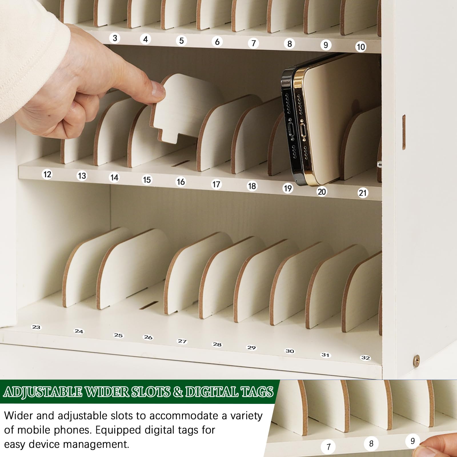 Echaprey Soporte para teléfono celular ajustable con 33 ranuras para el aula, gabinete de almacenamiento de madera para teléfono celular con asa y cerradura, soporte para teléfono celular de