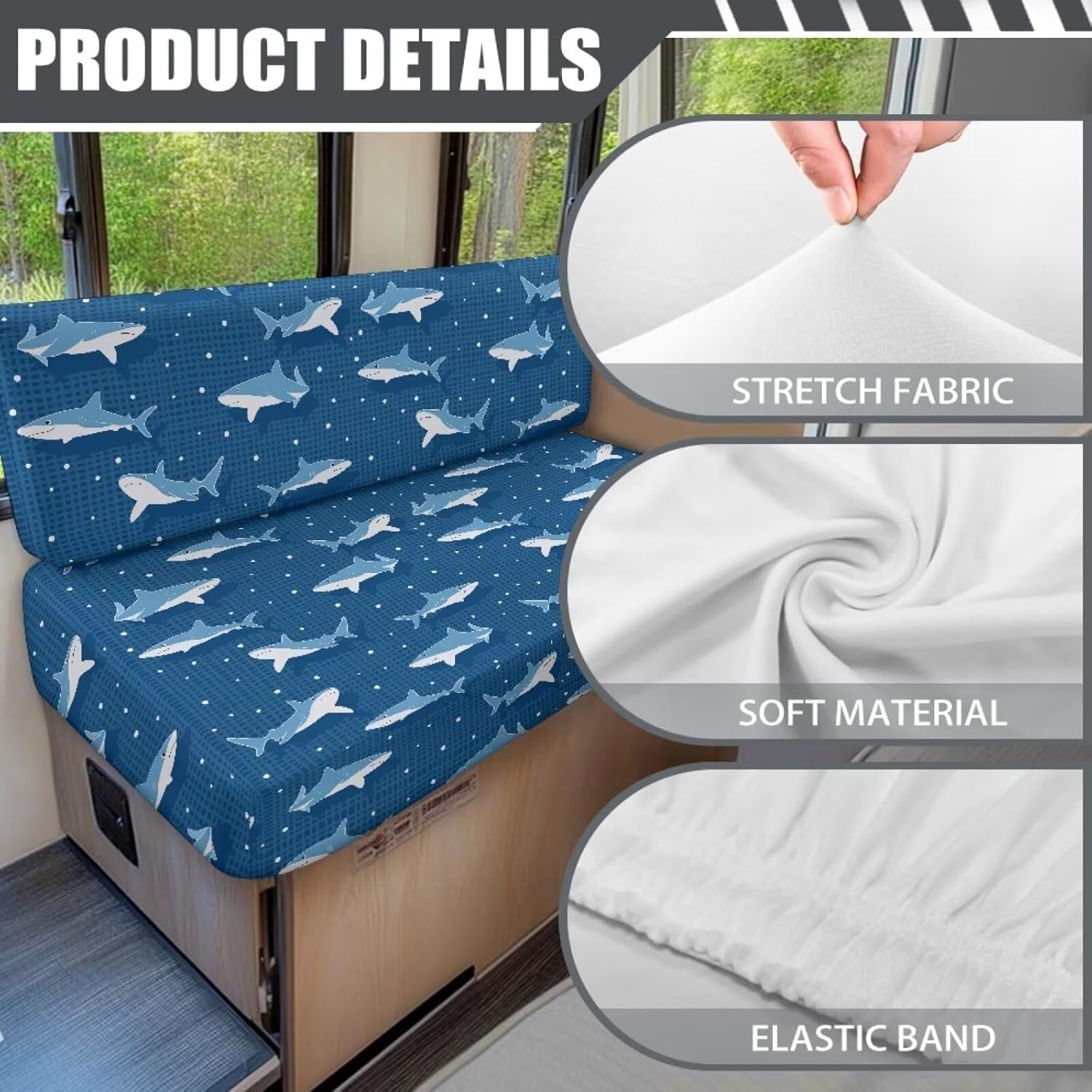 Yewatlles Cute Shark RV Dinette Cushion Covers Soft Printed Couch Cushion Slipcovers Replacement Anti-Slip Sofa Cushion Cover for Dogs Kids