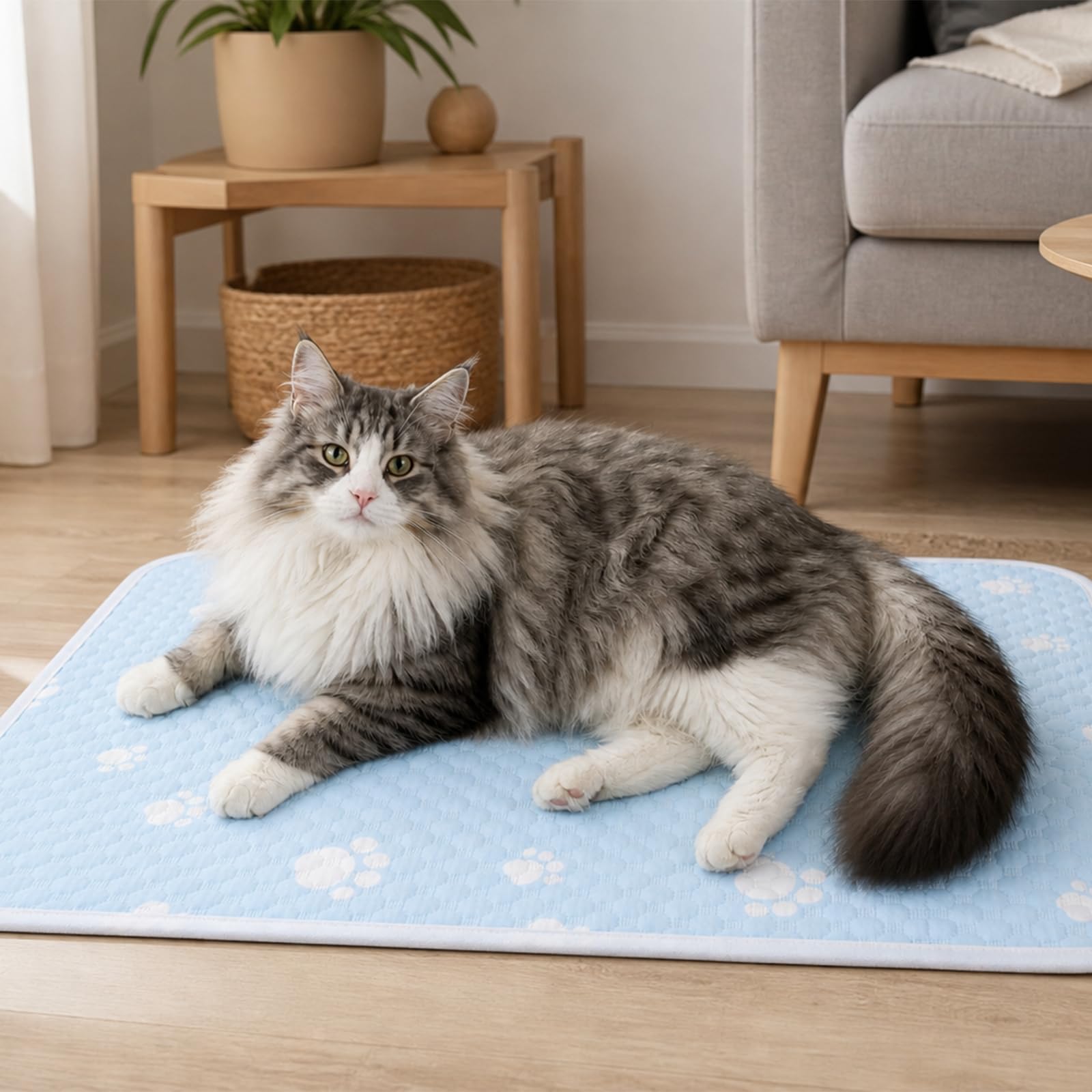 Cama Perro Verano, 70x55 cm Alfombra Perro Refrescante, Manta Gato Transpirable y Absorbente, Cojin Perro Antideslizante para Interiores y Exteriores (Azul)
