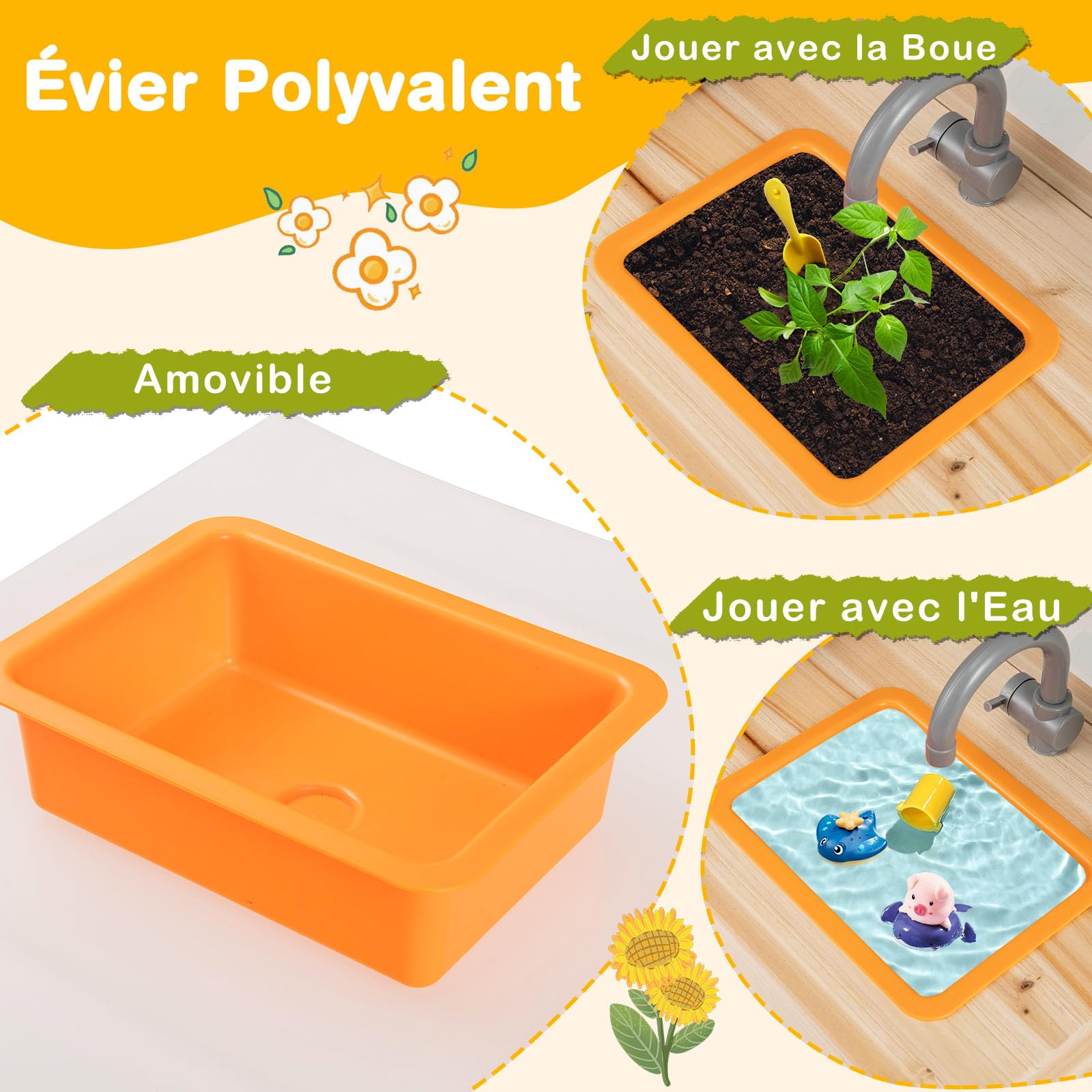 GOPLUS Cuisine d'Extérieur Evolutive en Bois de Sapin, avec Pots de Plantation, Plaques de Cuisson, Évier Amovible, Tableaux Noirs pour Enfant 3+ Ans
