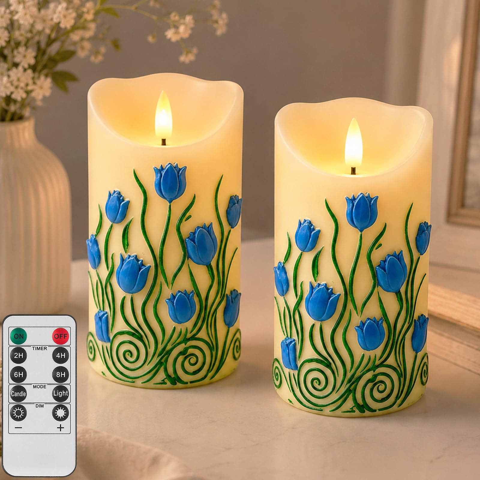 Flower Flameless Candles Light, 2Pack Tulip LED Candle with Remote & Timer, Real Wax Electric Pillar Candles Battery Operated, Relief Candle for Home Wedding Party Holiday Decor (Blue Tulip) — image 1