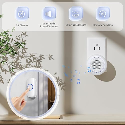 Miniatura 2 de Timbre inalámbrico para el aula, timbre de puerta PHYSEN timbre inalámbrico  Funciona a 1000 pies de alcance, 32 tonos de llamada, 4 niveles de