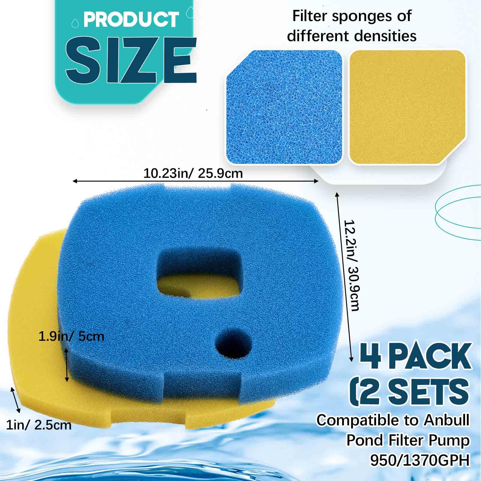 Treela Ersatz-Filterschwamm, kompatibel mit Anbull Teichfilterpumpe, 950/1370 gph (31 x 26 x 7,5 cm), Aquarium-Filterschwamm, Teichfilter-Pad, Aquarium-Schwamm (blau-gelb, 2 Stück)