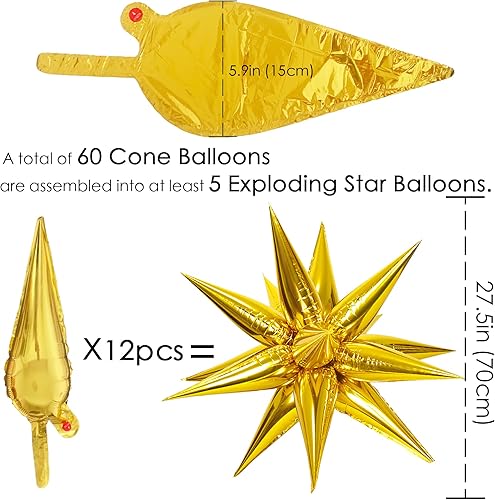 Miniatura 2 de ZAKVOOR Globos de estrella en explosión, 60 globos de estrella, 12 puntas de aluminio, decoración de fiesta, globos para Navidad, Año Nuevo,