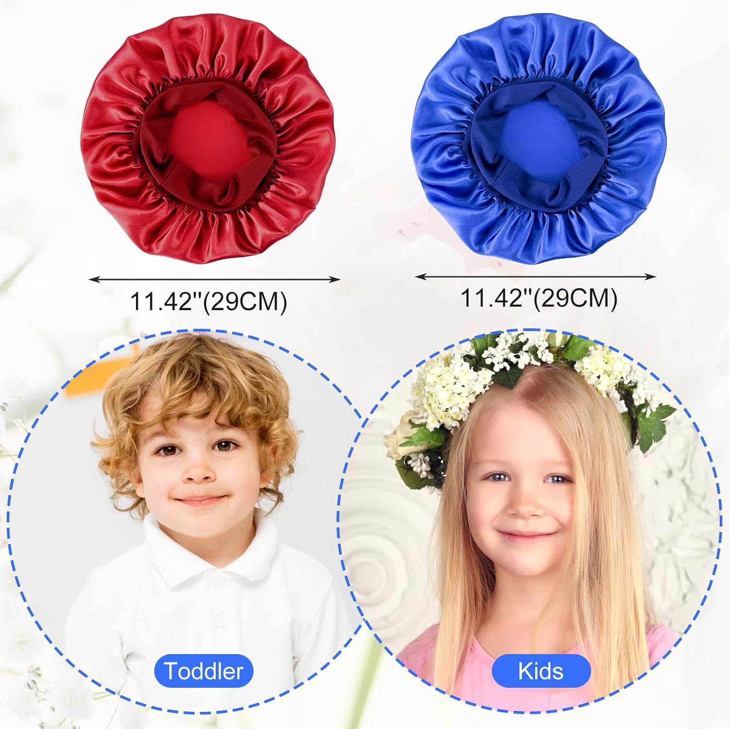 Kids Bonnets for Girls, 3Pcs Soft Satin Bonnets for Kids Sleeping, Elastic Wide Band Toddler Bonnet Sleep Cap for Teens Boys Child Curly Hair Braids (Blue, Red, Black)