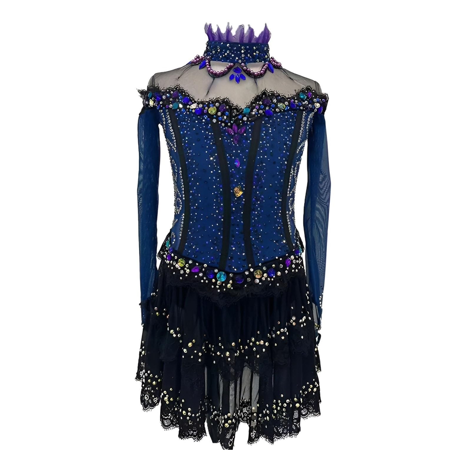Girls Figure Skating Dress with Shiny Rhinestone, Long Sleeve Ice Skating Dresses for Competition, Team Uniform(X-Small) Blue