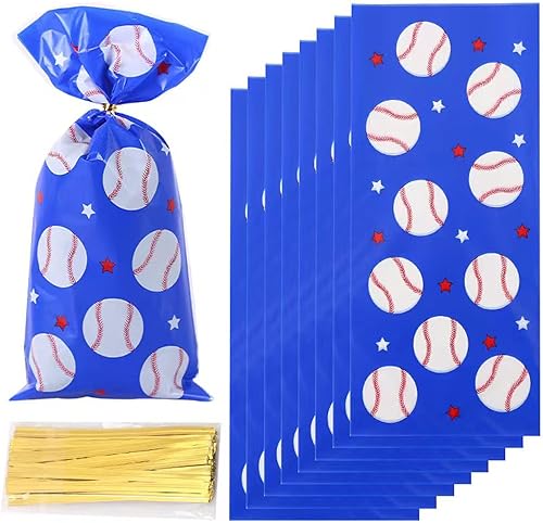 RS 50 bolsas de béisbol para dulces de béisbol, bolsas de celofán de béisbol sellables con 50 lazos giratorios para cumpleaños, fiestas de niños,