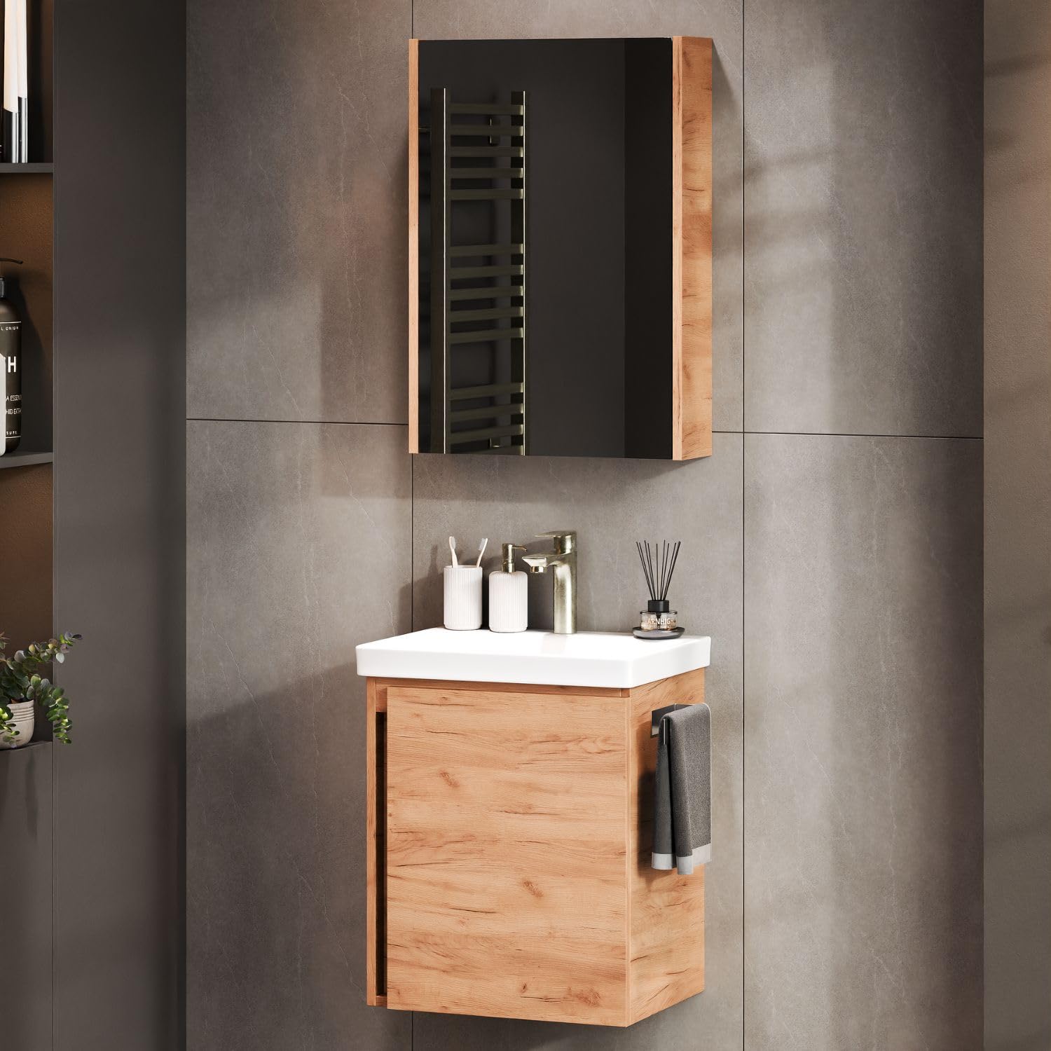 Planetmöbel Lavabo avec Meuble sous Vasque 50 cm, Armoire de Toilette 50 cm Incluse, Ensemble de Meubles de Salle de Bain avec lavabo Suspendu, chêne doré
