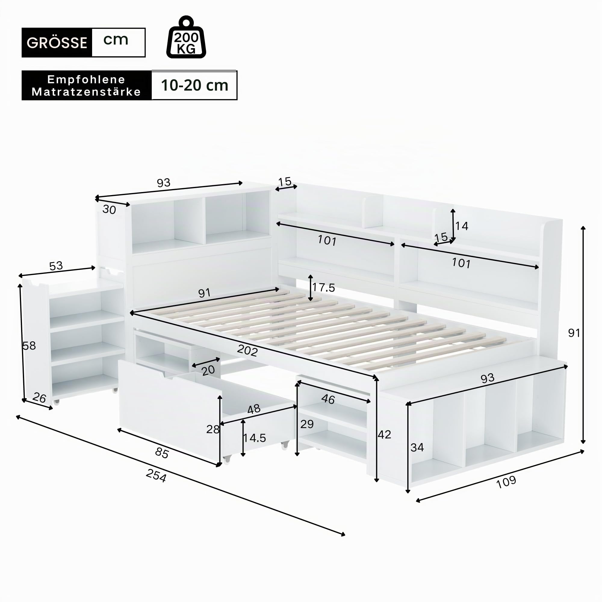 Kinderbett 90x200 cm mit Schubladen, Bücherregal und Stauschrank, Plattformbett mit Großer Stauraum, Lattenrost aus Holz, Weiß (Ohne Matratze)