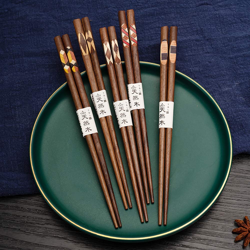 Chinesische Essstäbchen, japanische Sushi-Essstäbchen, 5 Paar, Essstäbchen aus Holz, wiederverwendbar, natürliche Essstäbchen, waschbare Essstäbchen, Essstäbchen, Geschirr-Set, modernes Design (natürl