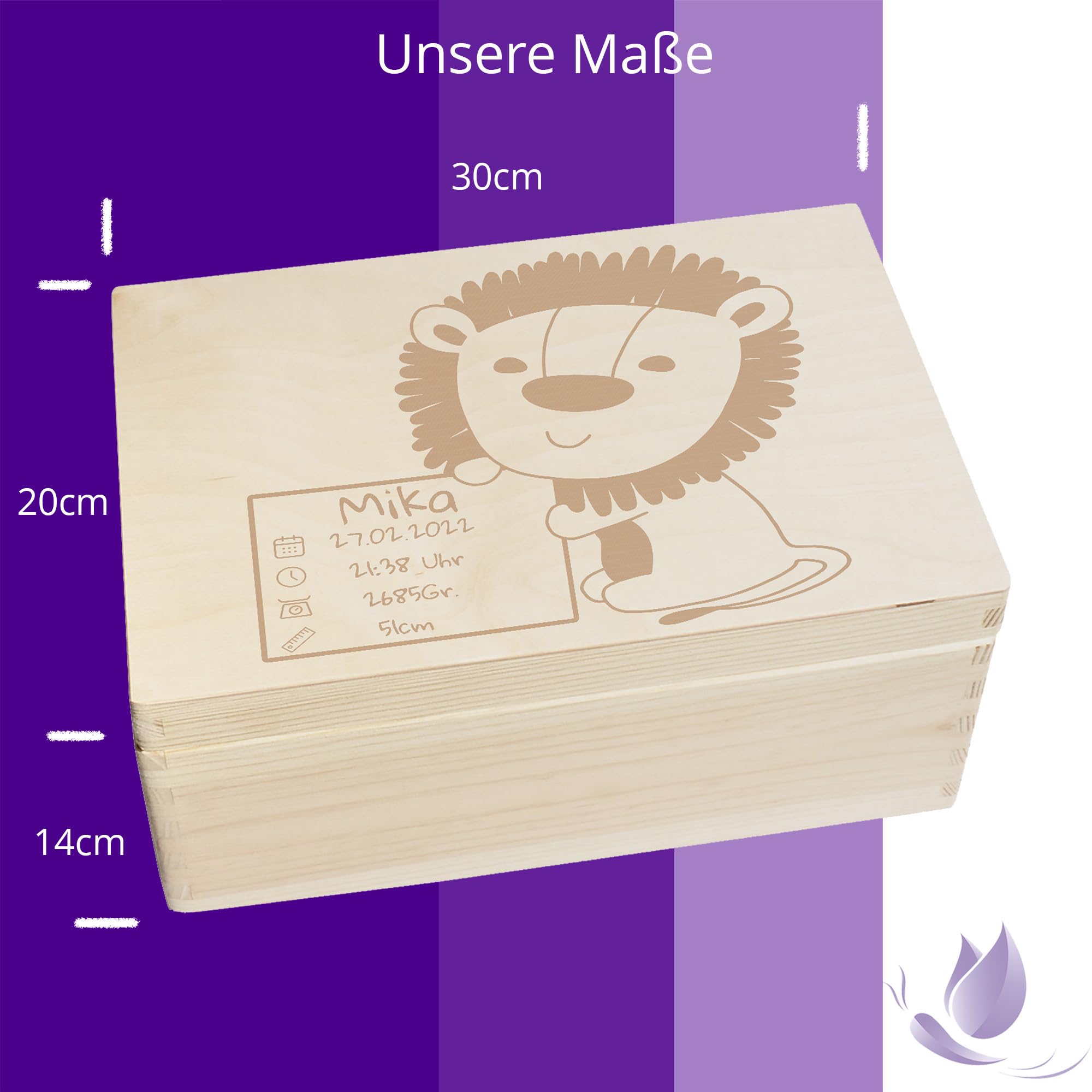Scatola dei ricordi personalizzata per neonati e bambini, con incisione a leone, scatola in legno per bei ricordi, 30 x 20 x 14 cm