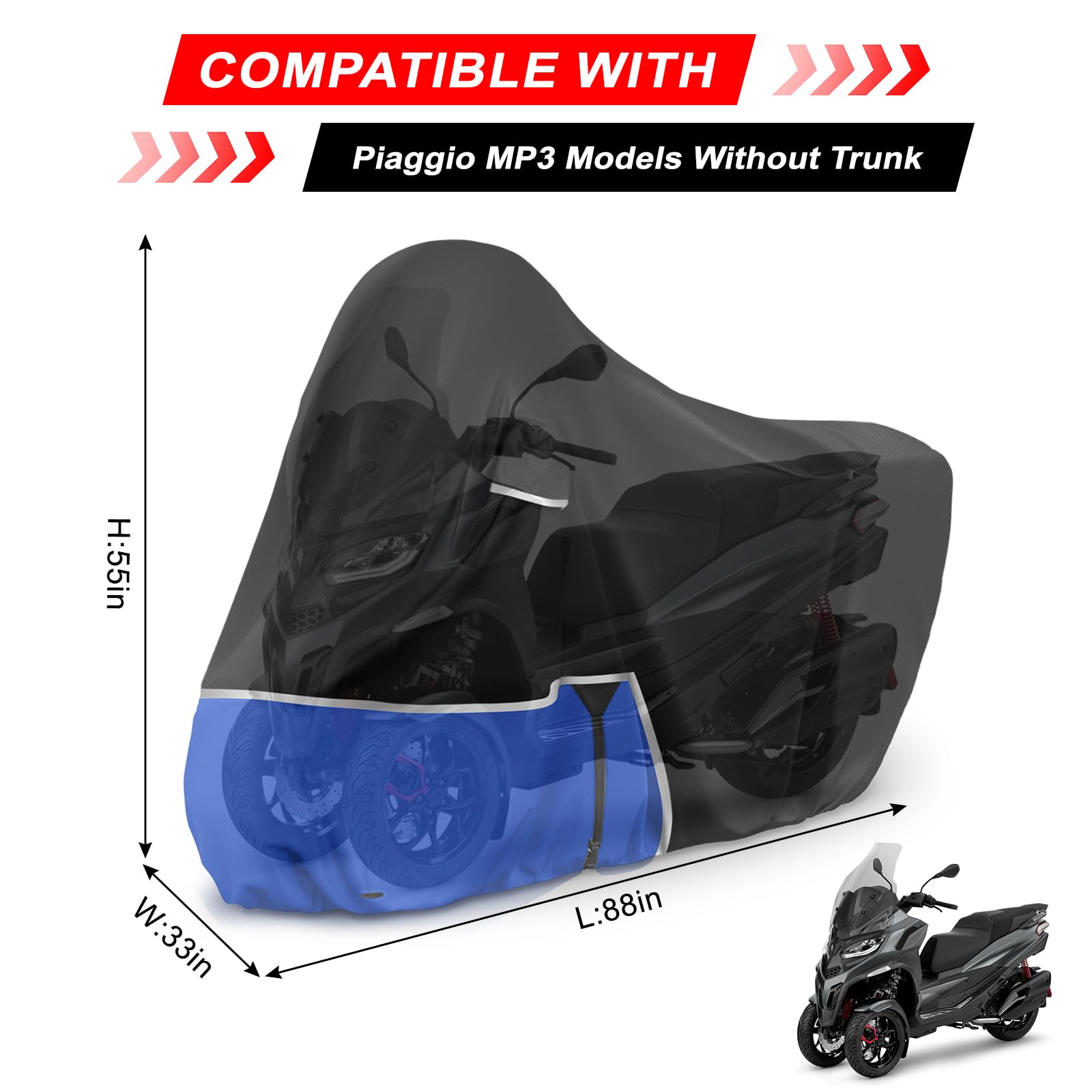 Motorradabdeckung Outdoor passend für Piaggio mp3 400/500 (Ohne Kofferraum) | Wasserdicht Winterfest Motorrad Abdeckplane Abdeckung 420D Oxford-Stoff Motorrad Abdeckung Plane, Schwarz & Blau