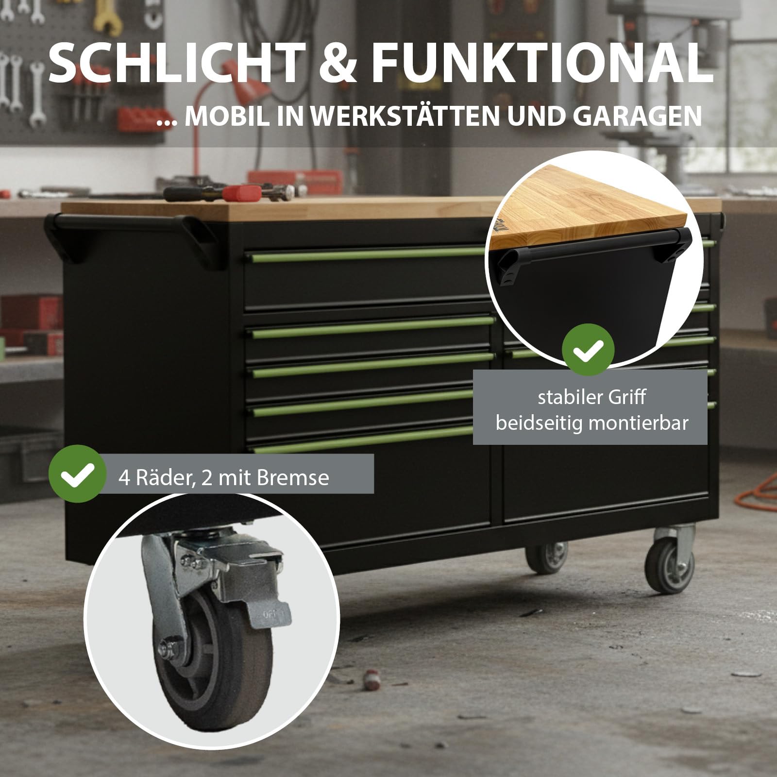 TRUTZHOLM Werkstattwagen Star XXL unbestückt, Profi Werkzeugwagen mit 9 kugelgelagerten Schubladen, 750 kg Traglast, 35 mm Hartholz-Arbeitsplatte, abschließbar, rollbar mit Feststellbremsen