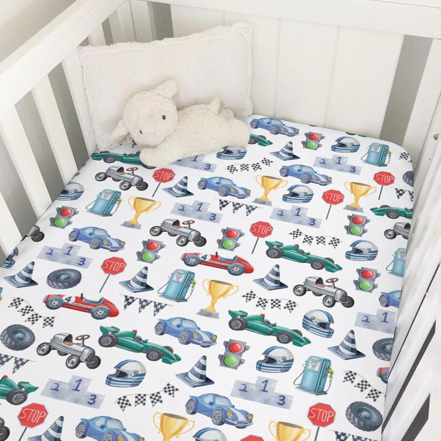 Watercolor Race Car Baby Crib Sheets for Boys Vintage Racing Car Vehicle Soft Snug Fitted Crib Mattress Covers for 52''x28'' Standard Crib & Toddler Mattresses Baby Boy Sports Nursery Bed Sheets