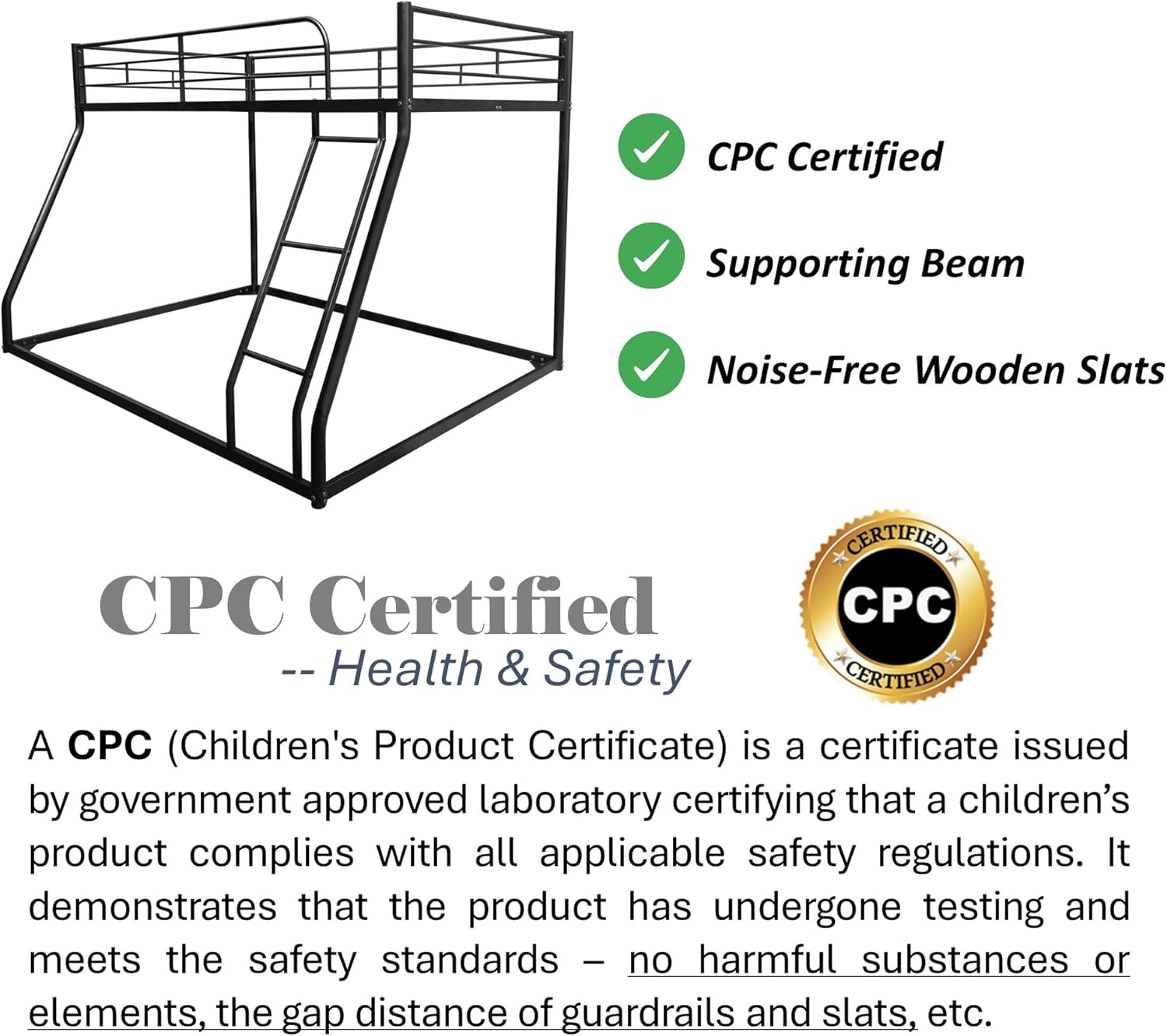 Twin Over Full Bunk Bed with Ladder, Low Profile Metal Bunk Bed Frame with Safety Rail & Steel Slats, Noise Free Space Saving Design for Kids, Teens and Dorm Room, No Box Spring Needed, Black