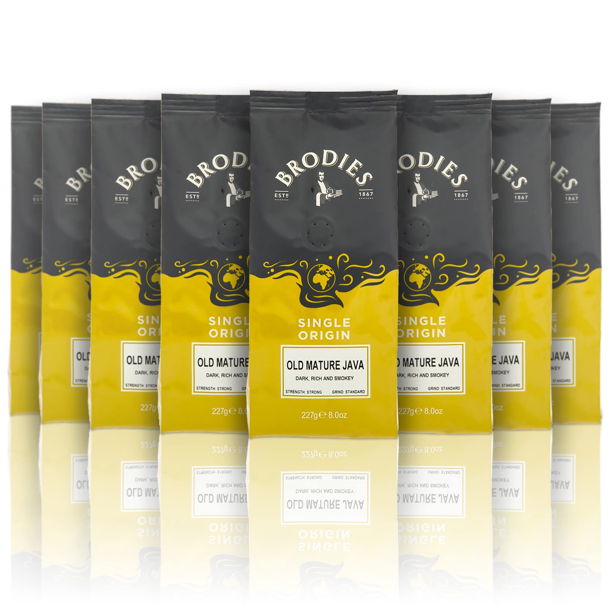 Brodies Single Origin Artisan Ground Coffee - Old Mature Java 100% Arabica dark, rich, smokey, strong Strength, standard Grind, Hand roasted (8 Pack of 227 g)