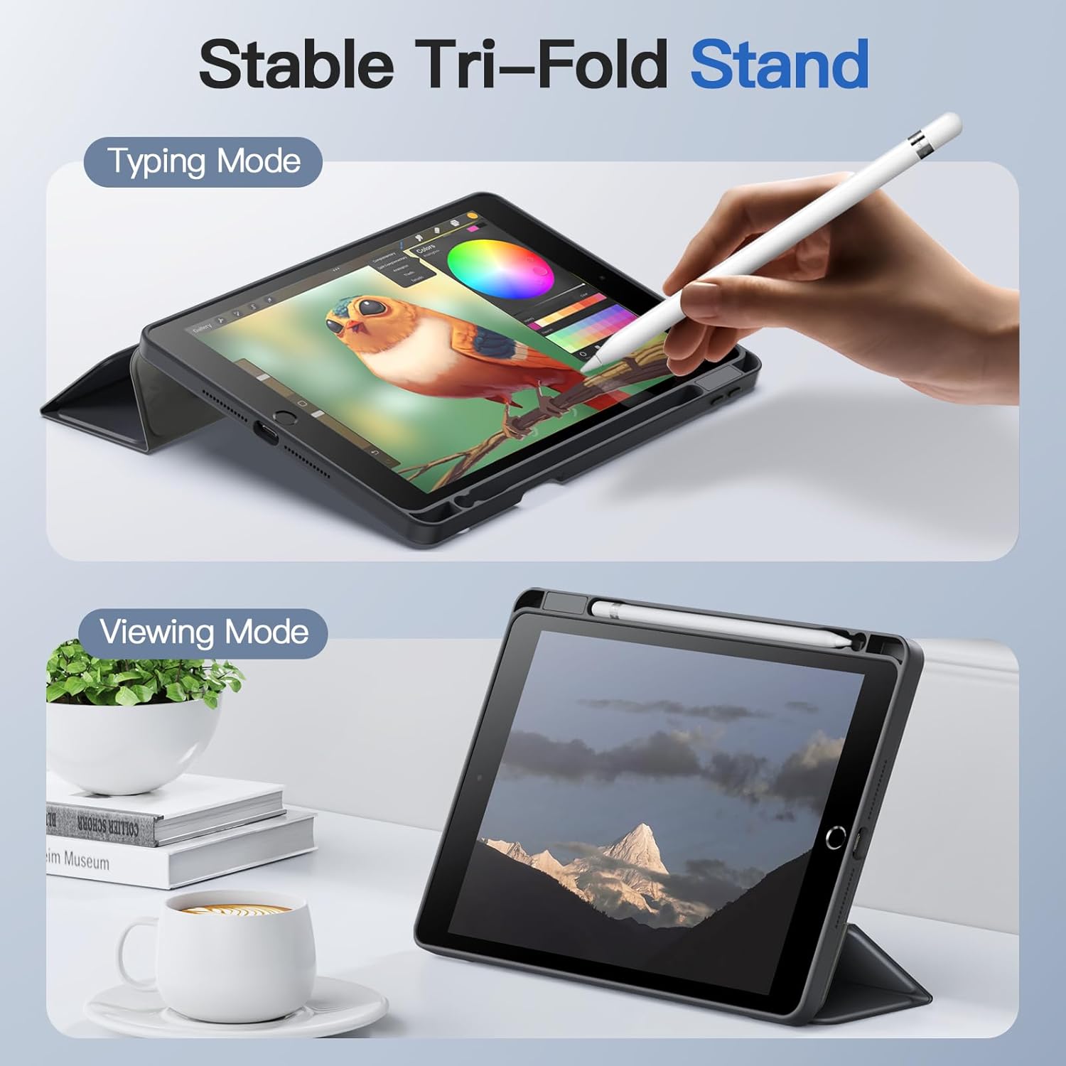 JETech Detachable Case for iPad 9/8/7 (10.2-Inch, 2021/2020/2019 Model, 9th/8th/7th Generation) with Pencil Holder, Removable Magnetic Cover Trifold Stand Clear Back, Auto Wake/Sleep (Space Gray)