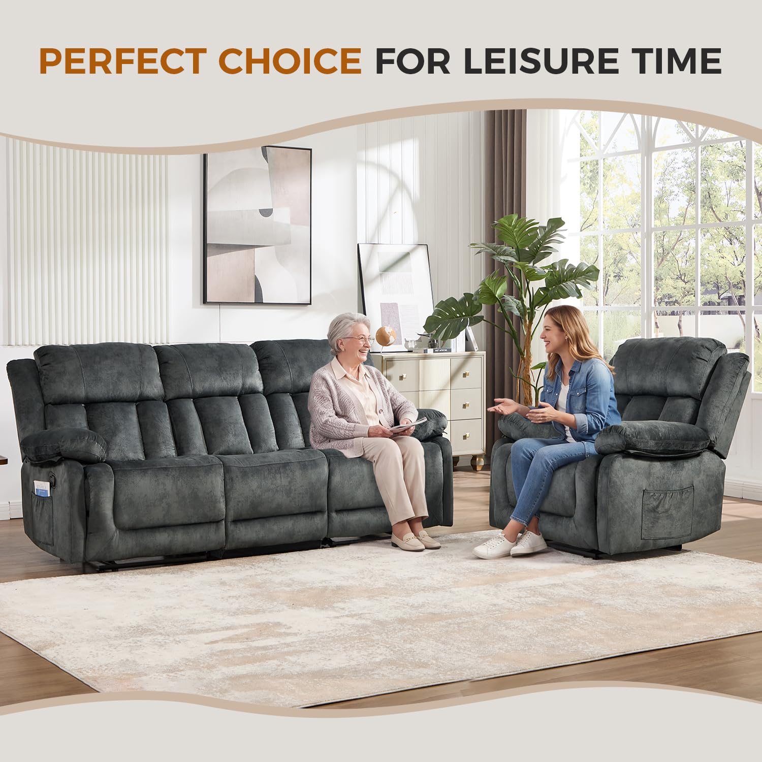 Manual Recliner Set Overstuffed Chair Wall-Hugger 3-Seat Loveseat Sofa Grey 1+3 image 3