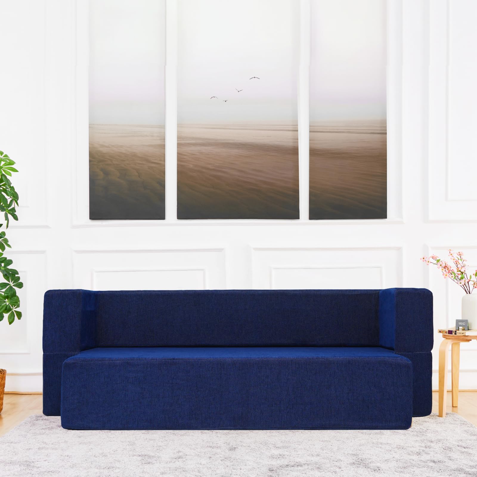 uberlyfe New Age 3 Seater Sofa Cum Bed | 1 Year Warranty | Foldable Floor Sofacum Bed | 13" Sofa Height | Foldable Floor Mattress Cum Sofa (Dark Blue Color, Chennille Fabric)