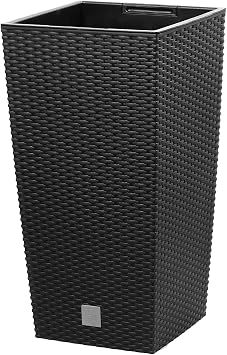 Prosper Plast Rattan Flower Pot Black Anthracite Plastic Planter 17cm x 17cm x 32cm LWH Plant Pot - Suitable for Outdoor and Indoor Use