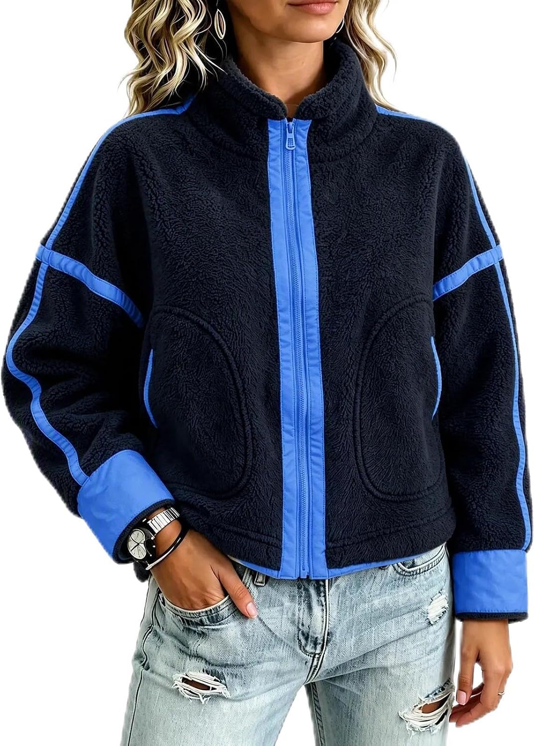 Women's Sherpa Jacket Stand Collar Zip Up Front Sporty Fleece Coat