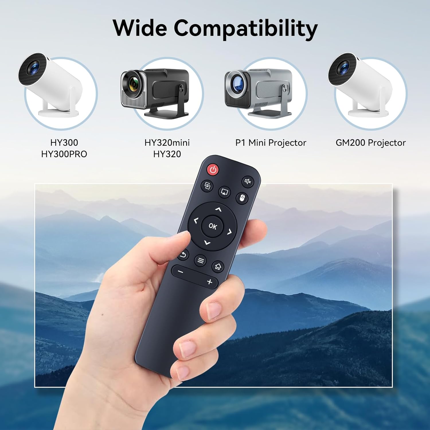 Image showing the HZIME remote control with various compatible projector models: HY300, HY320mini, P1 Mini Projector, and GM200 Projector.