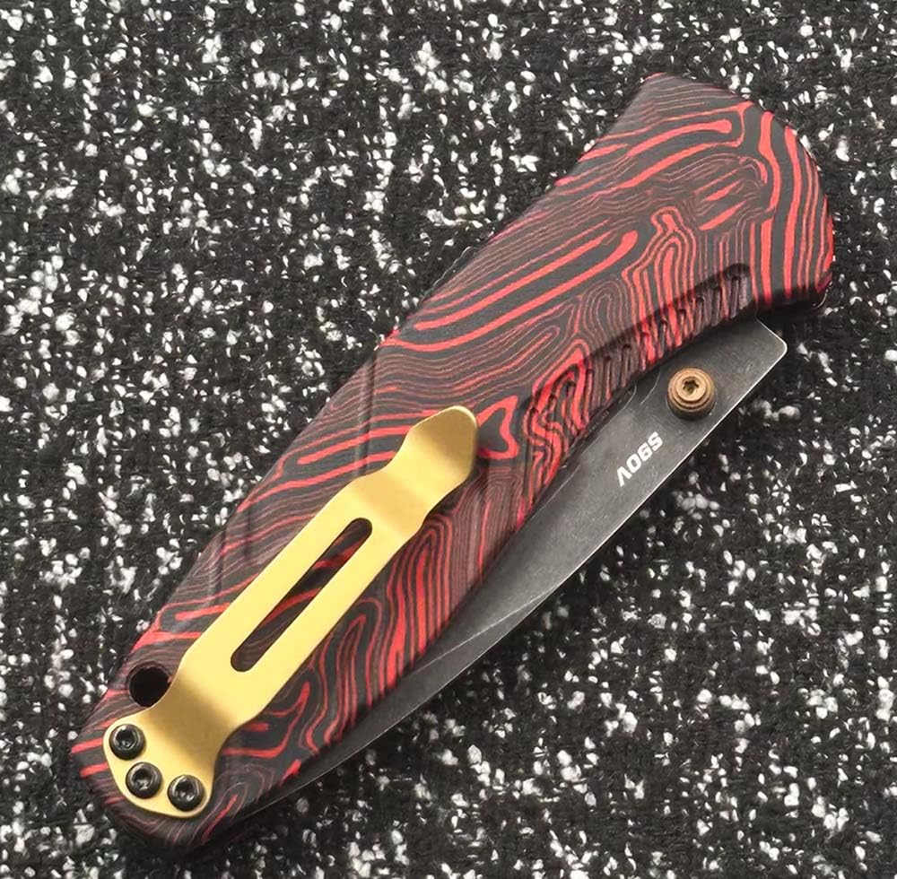 Klappmesser 6.9" Sehr Scharfes Taschenmesser aus stahl s90v, Rot Muster g10, Praktisch Rutschfest, Outdoor Edc Messer Survival Jagdmesser, Axis lock messer, Klein einhand messer tanto mit knopfdruck