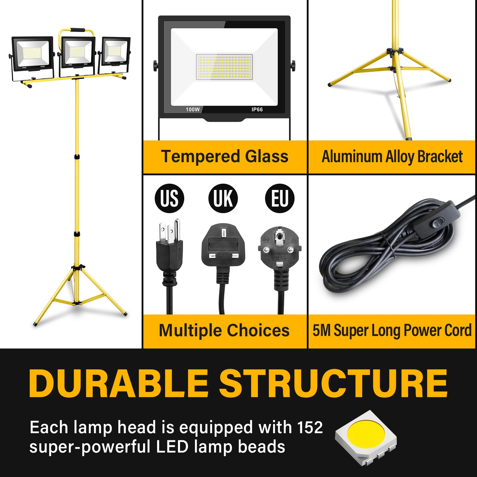 AUXTINGS 3 Stück 100W LED Baustrahler mit Stativ, 24000 Lumen LED Strahler Baustellenleuchte mit 2m HöHenverstellbar und 5m Kabel, 6000K IP66 Arbeitsstrahler für Konstruktion Werkstatt,Garage,Keller
