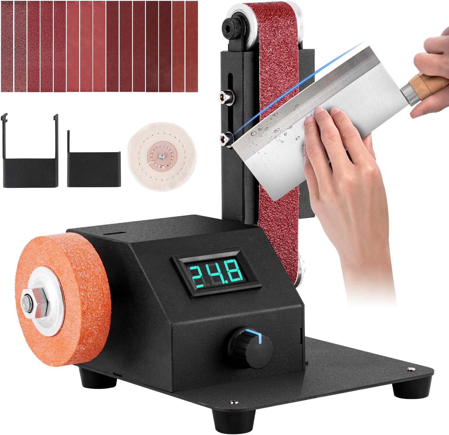 Mini Belt Sander Knife Sharpener Belt Sander Variable Speed Electric Power Belt Grinder with 15PCS 1.2x15in Multi‑Grit Abrasive Belts Low Noise for Knife Making Metal Working Woodworking & DIY
