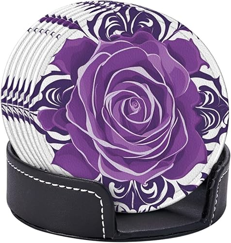 Miniatura 6 de Beautiful Purple Roses Fashionable Printed Leather Coaster Set,A Set of 6 Pieces,4 Inches in Diameter,Adding an Artistic Atmosphere to Your Desktop