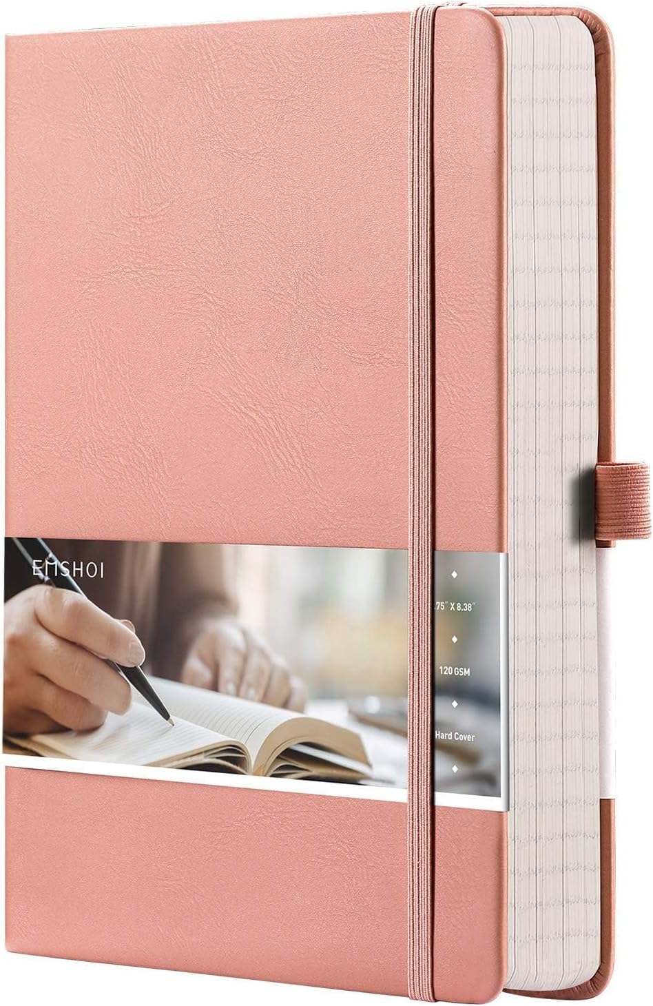 EMSHOI College Ruled Notebook-120gsm Thick Paper, 256 Numbered Pages Lined Journal for Women, 16 Perforated Pages, Faux Leather Hardcover, Inner Pocket, Pen Holder, A5 Medium 5.75" x 8.38"-Pink