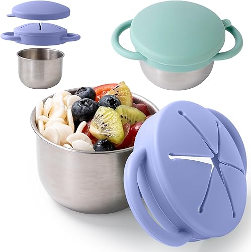 Miniatura 13 de Paquete de 2 recipientes de aperitivos para niños pequeños, vasos de aperitivos de acero inoxidable con atrapador de alimentos y tapas de silicona,